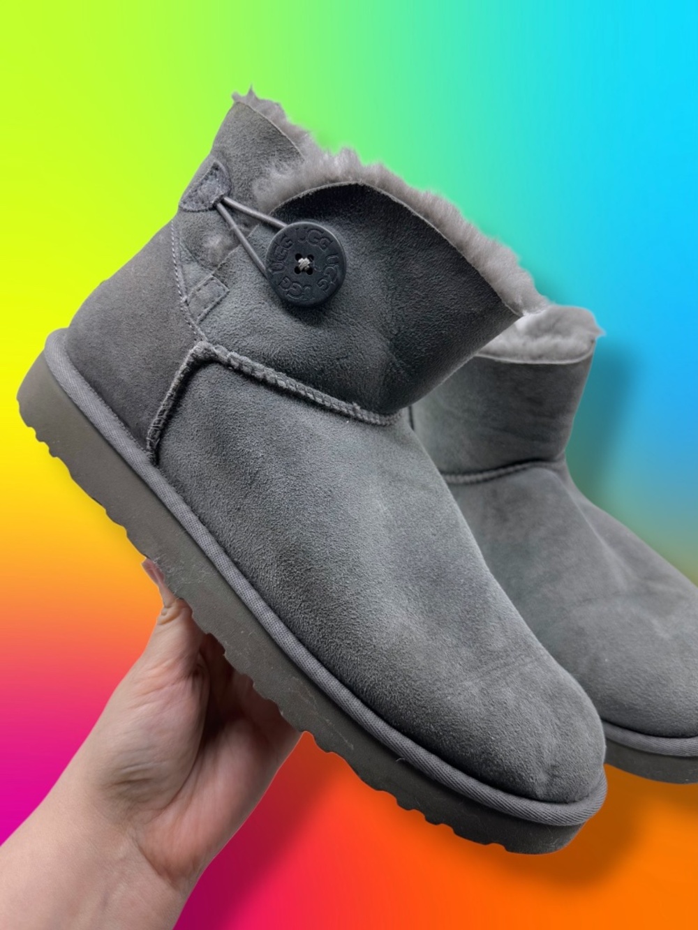 UGG Australia Short Bailey Button II Sheepskin Suede Mini Ankle Boots Gray 10